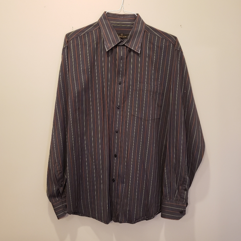 Bugatchi Uomo Shirt Mens Large Blue Vertical Stripes Long Sleeve Button Down